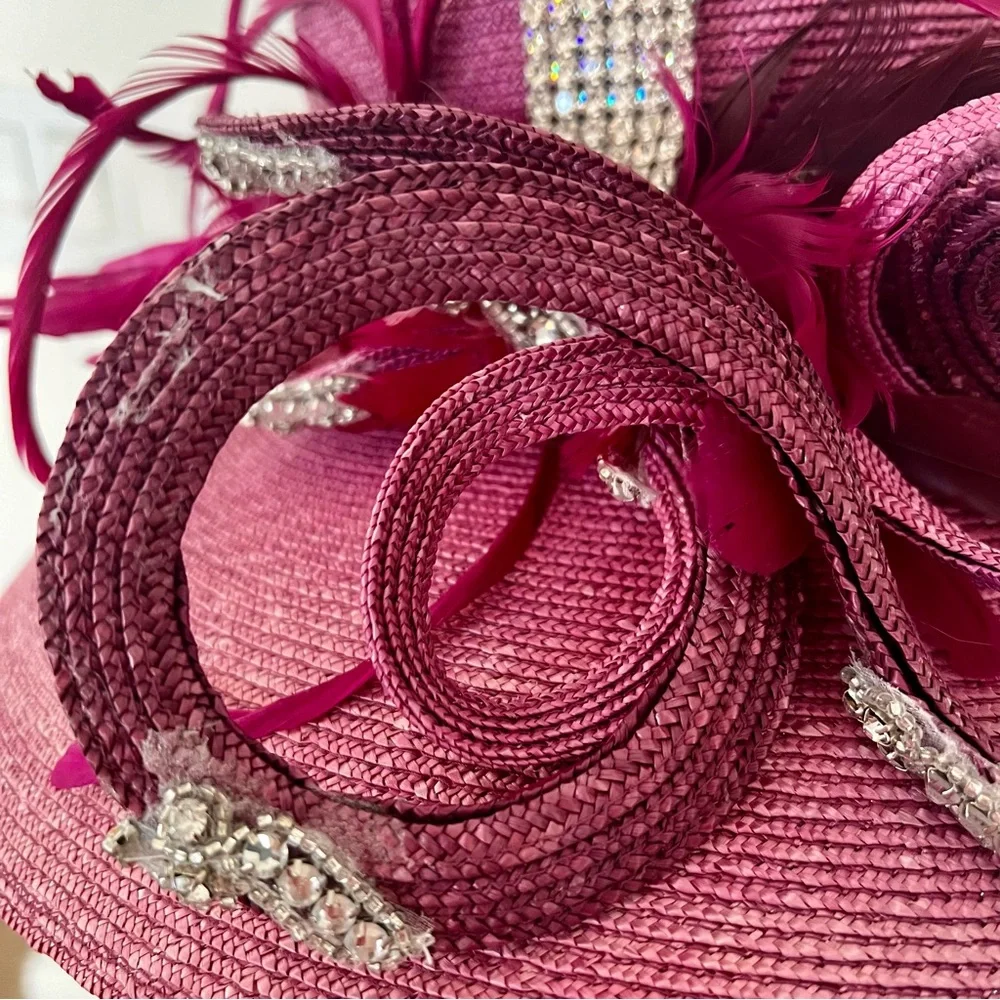NWT CORTI Italy‎ Wide Brim Rhinestone Feather Church Wedding Formal Hat Pink Vtg